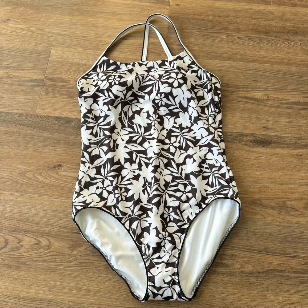 Lands‎ End Floral One Piece Swimsuit 14 Black White Havana Built In Bra Modest - Picture 2 of 13